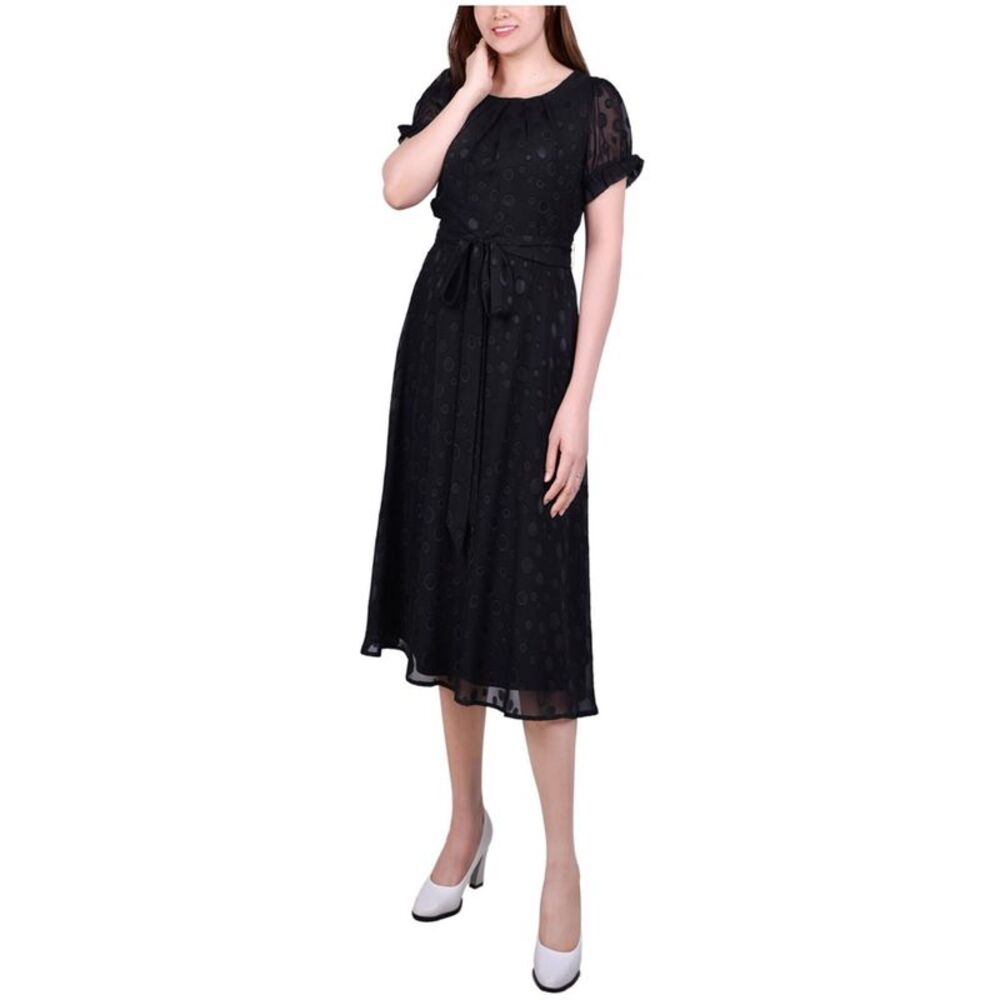 NY Collection Womens Swiss Dot Pin Tuck Midi Dress, Black, Petite, P/PS, DM